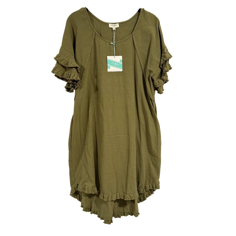 Umgee Short Sleeve Round Neck Ruffle‎ Trim Olive Green Dress w/ Pockets Sz S NWT